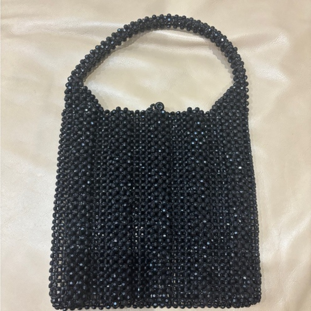Black Beaded Shoulder Bag with Vintage Charm
